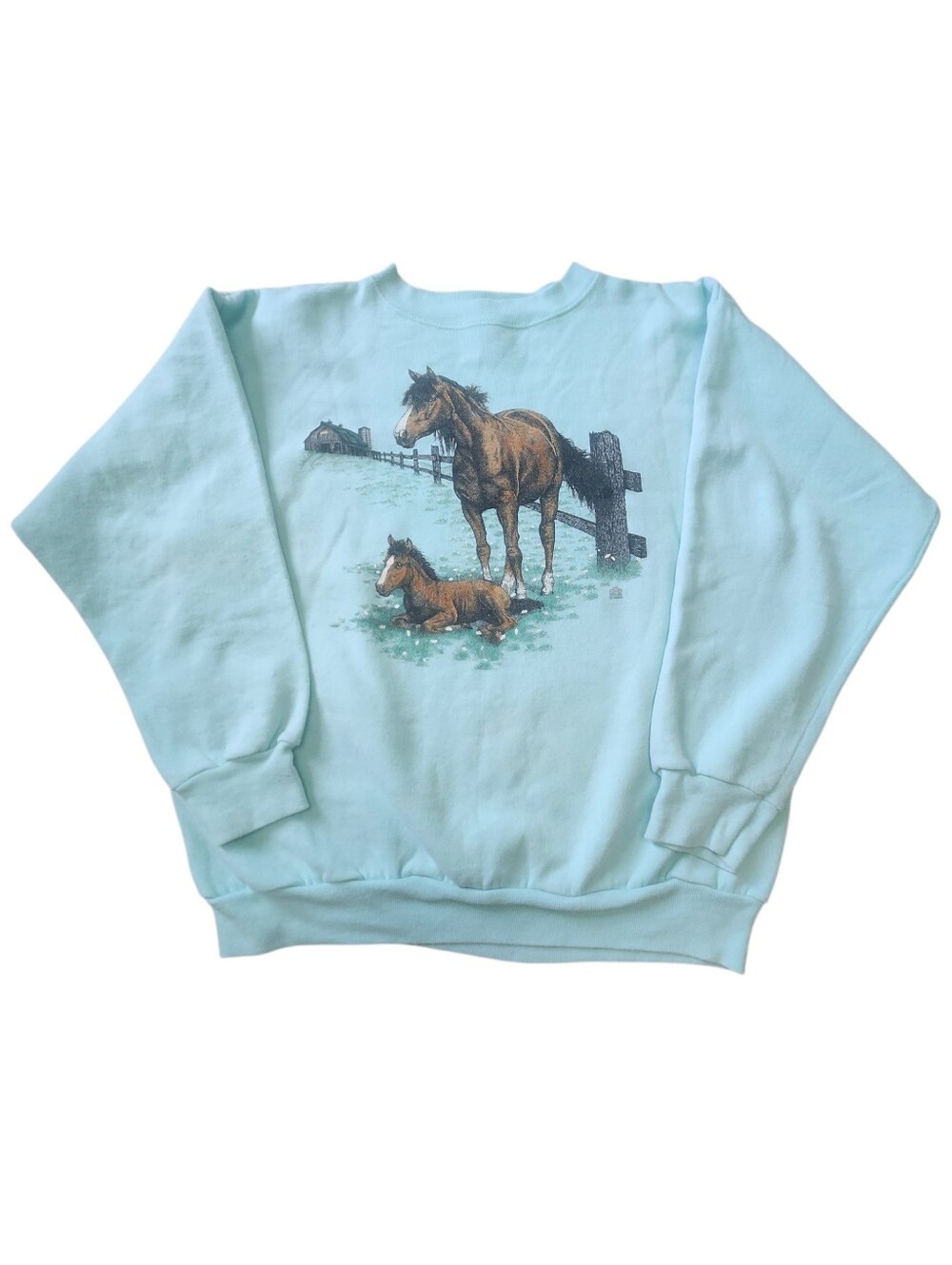 Vintage 90s Cotton Grove Designs Mint Horse Graphic Crewneck Sweatshirt. Sz. L